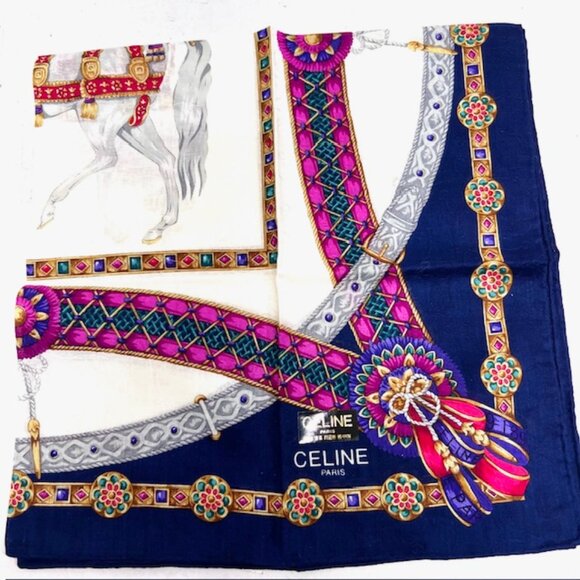 New Celine Paris Mini Scarf cotton/silk 20" beige blue horse bow logo (62) - Picture 10 of 10